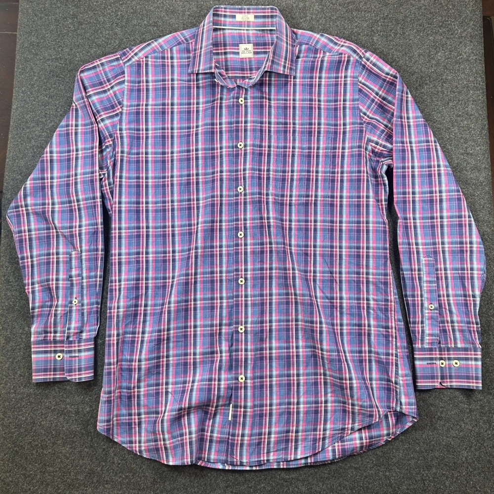 Peter Millar Mens Large Purple Pink Plaid 100% Linen Long Sleeve Button Down